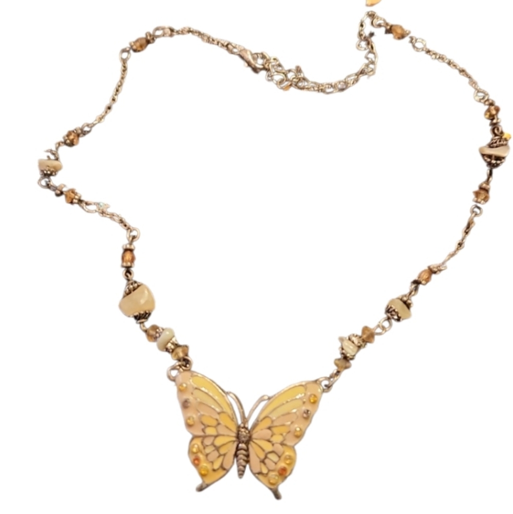 90s Butterfly fashion enameled necklace with amber gems on chain